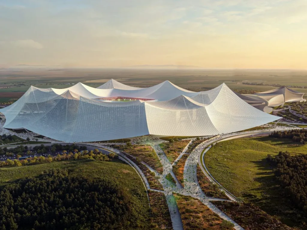 Grand Stade Hassan II, Morocco’s iconic new stadium for the 2030 World Cup, showcasing its modern design and massive capacity.