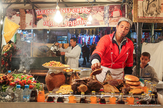 Delicious street food in Morocco, showcasing various dishes; a must-try experience when exploring how expensive Morocco is to visit