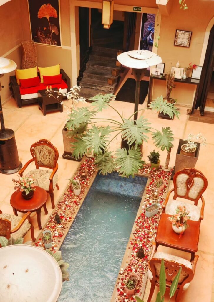 A serene scene inside a traditional hammam in romantic Morocco, featuring soft steam, warm tiles, and couples enjoying a relaxing spa experience together, embodying intimacy and tranquility.